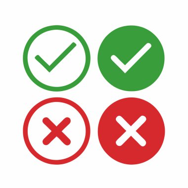 Basit yeşil işaret ve kırmızı X işareti simgeleri. Web tasarımı, UI, UX ve uygulama geliştirme için mükemmel. İzole edilmiş arka planlara sahip yüksek çözünürlüklü vektör grafikleri. Bu asgari, kolayca ölçeklendirilebilir simgeler onay / reddi temsil ediyor, doğru / yanlış, evet / hayır ve