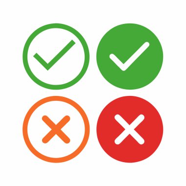 Dairelerde yeşil işaretler ve kırmızı X işaretlerini gösteren bir dizi düz vektör simgesi. Kullanıcı arayüzleri, web siteleri veya sunumlardaki doğru / yanlış cevapları, seçenekleri, onayları, reddedilmeleri veya evet / hayır seçeneklerini göstermek için mükemmel. Yüksek-re