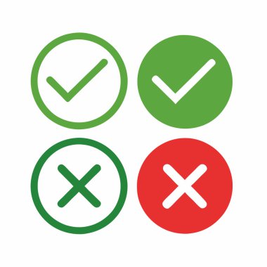 Daire düğmelerinde yeşil işaretler ve kırmızı X işaretlerini gösteren basit, düz vektör simgeleri. Kullanıcı arayüzleri, web siteleri ve sunumlar için seçenekleri görsel olarak temsil etmek için ideal, doğru / yanlış yanıtlar, onay / ret, doğru / yanlış seçenekler veya oyin