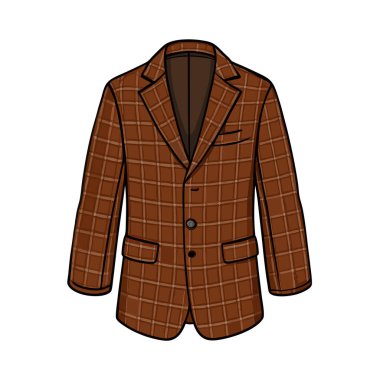 Erkek kahverengi ekose spor ceketinin şık bir tasviri. Moda blogları, web siteleri veya tasarım projeleri için mükemmel. İki düğmeli bir kapanış ve klasik bir damalı şablon. Sonbahar / kış moda temaları için ideal. De ile yüksek çözünürlüklü grafik