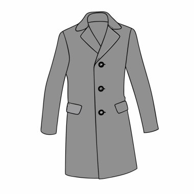 Bir erkeğin gri paltosunun temiz, minimalist vektör çizimi. Moda tasarımı projeleri için mükemmel. Bu basit, zarif şablon klasik, resmi ya da günlük kıyafetlere uygun uzun düğmeli bir ceket sergiliyor. Sunumlar, web siteleri veya kumaş için ideal