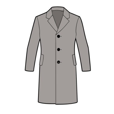 Bir erkeğin uzun gri paltosunun yüksek moda vektör çizimi. Moda tasarımı projeleri, tekstil baskısı ya da giyim kataloğu için mükemmel. Bu klasik, zarif tasarım şablonu ayrıntılı düğmeler, cepler ve kollar içerir. Sonbahar / şarap için ideal