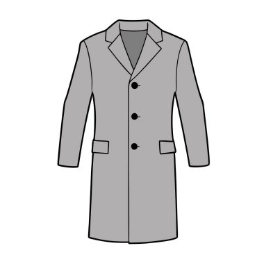 Bir erkeğin uzun gri paltosunun yer aldığı şık ve çok yönlü bir şablon. Moda tasarımı projeleri, sunumlar ya da teknik çizimler için mükemmel. Bu vektör illüstrasyonunda çeşitli biçimlendirme bağlamları için uygun klasik, düğmeli bir tasarım gösterilir, 