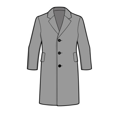 Bir erkeğin gri paltosunun çok yönlü bir tasarımı. Moda tasarımı, giyimi ve erkek giyim çizimleri için mükemmel. Kış ya da sonbahar koleksiyonlarını sergilemek için ideal. Düğme detaylarıyla klasik, şık bir uzun palto tasarımı içeriyor. Kolayca gelenek