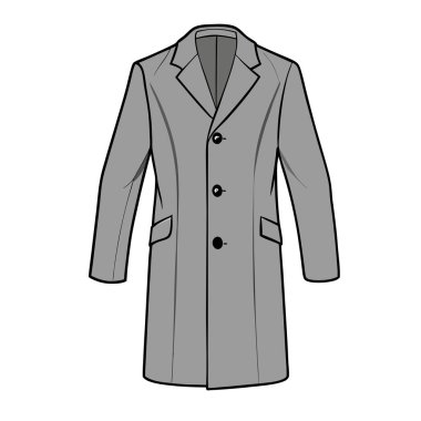 Bir erkeğin uzun gri paltosunun şık, teknik bir çizimi. Moda tasarımı projeleri, sunumlar ve e-ticaret için mükemmel. Bu vektör illüstrasyonunda üç düğmeli klasik bir tasarım var. Detaylı giysi yapısı sergileniyor. sh için ideal