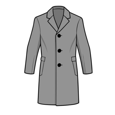 Klasik bir erkek gri uzun paltosunun temiz vektör çizimi, moda tasarım şablonları için mükemmel. Üç düğmeli tasarım ve cepleri var. Minimalist tarzda, beyaz bir arkaplanda, projelerinizde kolay kullanım için izole edilmiş. Erkek giyim kedisi için ideal.