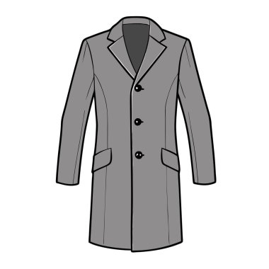 Gri adamların uzun paltosu, teknik moda illüstrasyonu. Sonbahar / kış moda koleksiyonları, erkek giyim tasarım projeleri ya da giyim katalogları için mükemmel. Beyaz arka planda izole edilmiş vektör çizimi, klasik ve zarif bir palto sergiliyor