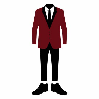 Modern beyefendiler için keskin, sofistike kestane rengi bir takım. İş için, düğünler için ya da özel etkinlikler için mükemmel. Ceket, pantolon ve isteğe bağlı aksesuarlar da dahil. Yüksek kaliteli vektör çizimi, beyaz arka planda izole edilmiş, moda için ideal