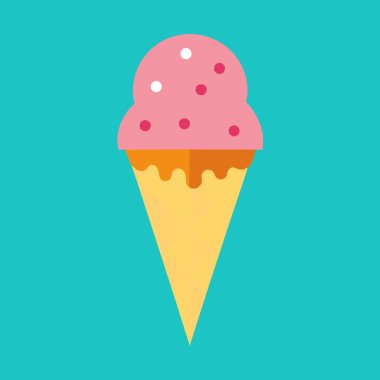 Lezzetli pembe dondurma külahının canlı bir vektör çizimi. Yaz temalı tasarımlar için mükemmel. Bu basit, minimal grafik, turkuaz bir arka plana karşı tatlı ve lezzetli bir muamele içeriyor. Menüler, web siteleri ya da tezahürat isteyen her proje için ideal
