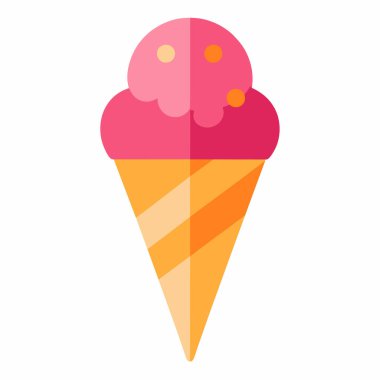 Lezzetli bir çilekli dondurma külahının canlı bir temsili. Yaz temalı tasarımlar, menüler ve yemek blogları için mükemmel. Bu basit, renkli grafik beyaz bir torbaya izole edilmiş turuncu bir külahta pembe çilekli dondurma kepçesini gösteriyor.