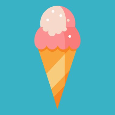 Çift kepçe dondurma külahının canlı, düz dizayn vektör çizimi. Yaz temalı projeler, menüler, web siteleri ya da neşeli, tatlı bir dokunuşa ihtiyaç duyan her tasarım için mükemmel. Pembe ve vanilyalı dondurma mavi bir arka planda izole edilir. 