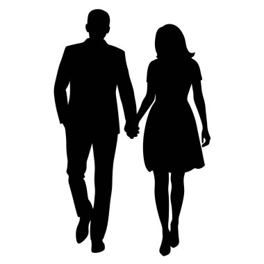 Gün batımında el ele yürüyen romantik bir çiftin silueti. Aşkı, ilişkileri ve birlikteliği göstermek için mükemmel. Basit, zarif tasarım, web siteleri, kartlar ve sosyal medya için ideal. Yüksek çözünürlüklü vektör grafiği, kolayca ölçeklenebilir