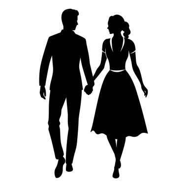Gün batımında el ele yürüyen şık giyimli bir çiftin klasik silueti. Romantik, minimalist ya da klasik hislere ihtiyaç duyan projeler için mükemmel. Düğün davetiyeleri, ilişki blogları ya da zarif bir dokunuş gerektiren her tasarım için idealdir.