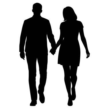 Gün batımında el ele yürüyen romantik bir çiftin silueti. Aşkı, ilişkileri, birlikteliği ve ortaklığı göstermek için mükemmel. Yüksek kalite vektör çizimi, çeşitli tasarım projeleri için kolayca adapte edilebilir. Beyaz bir arka planda izole edilmiş.