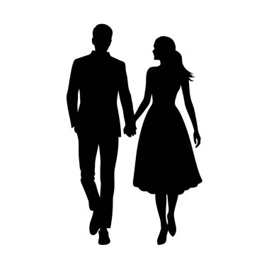 Basit ama zarif bir siluet. El ele tutuşan ve gezinen bir çift. Aşkı, aşkı, ilişkileri ve birlikteliği temsil etmek için mükemmel. Düğün davetiyeleri, romantik tasarımlar ve ilişki temalı projeler için ideal. Minimalist stil