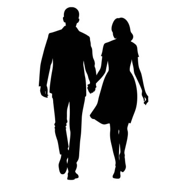 Gün batımında el ele yürüyen bir çiftin zarif silueti romantizm ve beraberlik sergiliyor. Çeşitli tasarım projelerinde aşkı, ilişkileri ve ortaklığı temsil etmek için mükemmel. Basit, minimalist vektör çizimi, beyaz üzerine izole edilmiş. 
