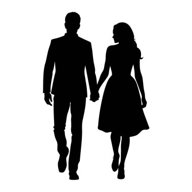 El ele tutuşan bir çiftin zarif silueti minimalist beyaz bir arka planda geziniyor. Romantizm, ilişki ve aşk temalı projeler için mükemmel. Basit, grafik vektör çizimi web siteleri, kartlar ve baskı tasarımları için idealdir. Siyah ve