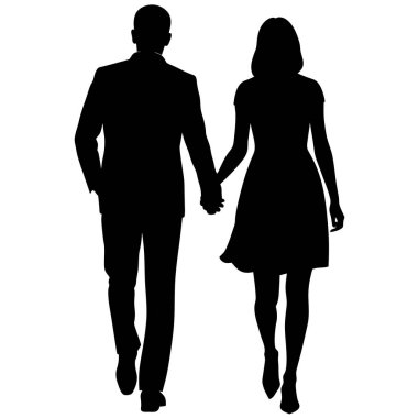 Gün batımında el ele yürüyen bir çiftin zarif siyah beyaz silueti. Aşkı, romantizmi, ortaklığı ve birlikteliği temsil etmek için mükemmel. İnternet siteleri, kartlar ve romantik tasarımlar için ideal. Bir döngü ile yüksek çözünürlüklü vektör grafiği