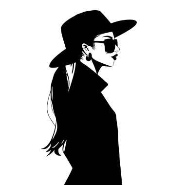 Şapka ve güneş gözlüğü takan şık bir kadının zarif silueti. Moda blogları, web siteleri ve sosyal medya için mükemmel. Tek renkli vektör çizimi, minimalist tasarım, markalaşma ve grafik tasarım projeleri için ideal. Özellikleri sofistike 
