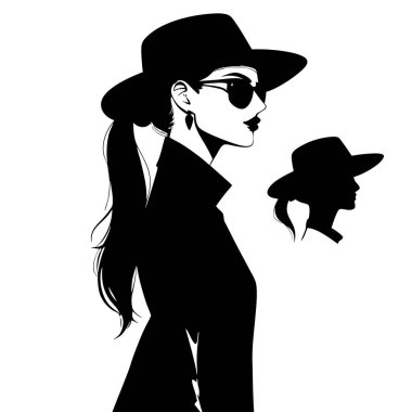 Şapkalı ve güneş gözlüklü şık bir kadının zarif silueti. Modern, minimalist bir vektör çizimi moda, güzellik ve yaşam tarzı projeleri için mükemmel. Grafik tasarım elementi, siyah beyaz, sofistike bir kadın profili içeriyor. İdeal f
