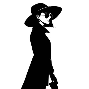 Şık, siyah beyaz bir portrede yakalanmış şık bir kadın kendine güvenir. Zarif paltosu, şapkası ve güneş gözlüğü minimalist ama modern bir estetik yaratıyor. Grafik vektör çizimi moda blogları, dergiler ve tasarım tanıtımı için mükemmeldir.