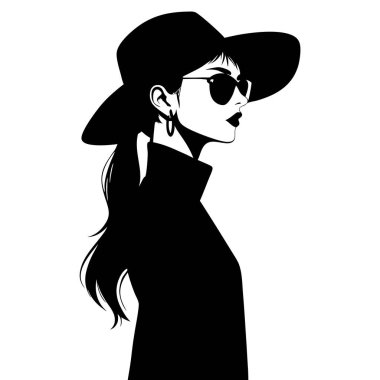 Şık bir kadın silueti, profil görüntüsü, şapka ve güneş gözlüğü takıyor. Tek renkli tasarım, minimalist estetik. Moda, güzellik ve yaşam tarzı projeleri için mükemmel. Şık ve sofistike bir grafik öğesi gerekiyor. Zarif, modern ve gizemli.