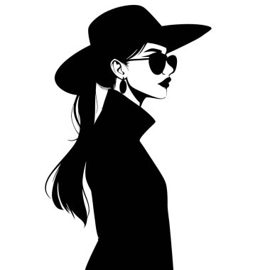 Şık bir kadın, profil içinde yakalanmış, şık bir şapka, güneş gözlüğü ve paltoyla zarafet yayıyor. Monokrom estetiği sofistike ve minimalist bir his yaratıyor. Moda, güzellik ve yaşam tarzı projeleri için mükemmel. Görüntü grafiksel ve modern. 
