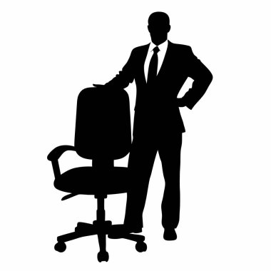 Kendine güvenen bir işadamının güçlü bir silueti ofis koltuğunun yanında duruyor, başarıyı, liderliği ve profesyonel başarıyı iletiyor. İş, şirket ve kariyerle ilgili projeler için ideal. Temiz, siyah ve beyaz vektör çizimi