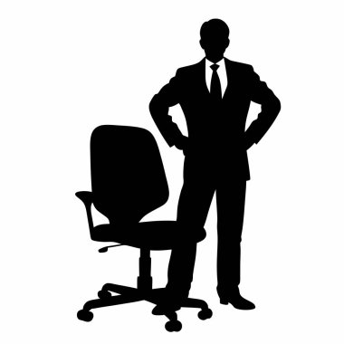 Kendine güvenen bir iş adamının güçlü bir silueti ofis sandalyesinin yanında duruyor. Başarı, liderlik ve kurumsal güç kavramları için mükemmel. Minimalist, siyah ve beyaz vektör illüstrasyonu temiz, modern ve çeşitli çeşitlere kolayca adapte edilebilir.