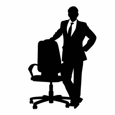 Ofis sandalyesine yaslanmış güçlü bir iş adamı silueti. Başarı, liderlik, kurumsal güç ve idari yönetim kavramları için mükemmel. Yüksek kaliteli vektör grafiği, iş sunumları için ideal, web siteleri, bir
