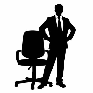 Ofis sandalyesinin yanında kendinden emin duran güçlü, minimalist bir iş adamı silueti. Liderlik, başarı ve kurumsal başarı kavramları için mükemmel. Yüksek kaliteli vektör grafiği kolayca ölçeklenebilir ve temiz, siyah bir...