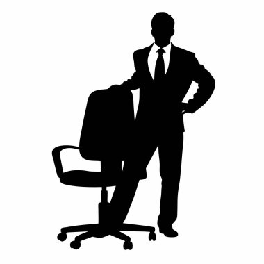 Ofis sandalyesinin yanında duran kendine güvenen bir iş adamının silueti. Başarı, liderlik ve kurumsal güç kavramları için mükemmel. Yüksek kaliteli vektör grafiği, beyaz arka planda izole edilmiş, sunumlar, web siteleri ve pazarlama ma için ideal