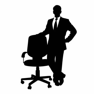 Kendine güvenen bir iş adamının güçlü bir silueti ofis sandalyesine yaslanıyor. Başarı, liderlik ve kurumsal güç kavramları için mükemmel. Temiz, tek renkli vektör çizimi, iş sunumları, web siteleri ve pazarlama eşi için ideal