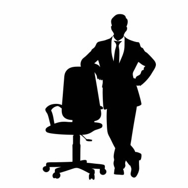 Kendine güvenen bir iş adamının silueti ofis koltuğuna yaslanmış, başarıyı ve liderliği iletiyor. İş, şirket ve liderlik kavramları için mükemmel. Vektör illüstrasyonu, beyaz arkaplanda izole edilmiş, sunumlar, web siteleri ve