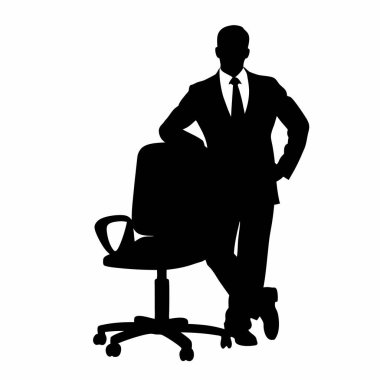 Kendine güvenen bir işadamının güçlü silueti ofis koltuğuna yaslanıyor, başarıyı ve liderliği iletiyor. Şirket sunumları, iş raporları ve güçlü bir görsel ihtiyacı olan pazarlama materyalleri için mükemmel. Vektör grafiği, kolayca geçilebilir.