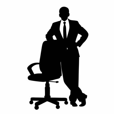Kendine güvenen bir iş adamının silueti ofis koltuğuna yaslanıyor, başarıyı ve liderliği iletiyor. İş, şirket ve motivasyon projeleri için mükemmel. Vektör grafik, siyah ve beyaz, kolay kullanım için şeffaf bir arkaplan üzerinde izole