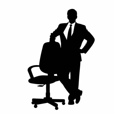 Güçlü, kendine güvenen bir iş adamı silueti ofis sandalyesine yaslanıyor. Bu vektör çizimi başarıyı, liderliği ve kurumsal gücü temsil etmek için mükemmeldir. Basit, zarif tasarım sunumlar, web siteleri ve m için idealdir.