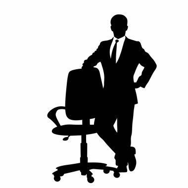 Ofis sandalyesine yaslanmış kendine güvenen bir iş adamının silueti. Başarı, liderlik ve kurumsal güç kavramları için mükemmel. Yüksek kaliteli vektör çizimi, beyaz arkaplanda izole edilmiş, sunumlar, web siteleri ve pazarlama için ideal