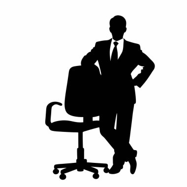 Kendine güvenen bir iş adamının silueti ofis koltuğuna yaslanıyor, başarıyı ve liderliği iletiyor. İş, şirket ve yönetim temaları için mükemmel. Vektör illüstrasyonu, siyah ve beyaz, şeffaf bir arkaplan üzerinde izole, ideal 