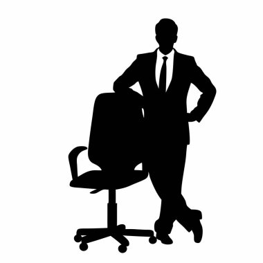 Kendine güvenen bir işadamının güçlü silueti ofis koltuğuna yaslanmış, başarıyı ve liderliği iletiyor. İş, şirket ve yönetim temaları için mükemmel. Sunumlar, web siteleri ve pazarlama malzemeleri için ideal. Yüksek kaliteli vektör gra