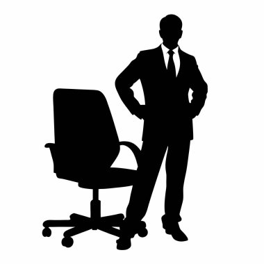 Güçlü, kendine güvenen bir işadamı boş bir ofis sandalyesinin yanında duruyor. Liderliği, başarıyı ve fırsatı simgeliyor. Bu siyah ve beyaz vektör illüstrasyonu iş, şirket ve kariyerle ilgili projeler için mükemmel. İzole edilmiş görüntü