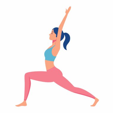 Mavi saçlı, pembe taytlı, Savaşçı İki yoga pozu veren bir kadının yan görüş çizimi. Düz tasarım, sağlıklı ve aktif bir yaşam tarzını tasvir eder. Fitness, refah ve yogayla ilgili projeler için mükemmel. Gücün göstergesi, fl!