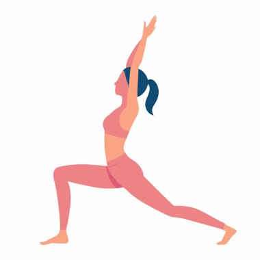 Savaşçı İki yoga pozu veren bir kadının silueti. Form, sağlık ve yogayla ilgili projeler için mükemmel canlı bir vektör çizimi. Web siteleri, broşürler ve sosyal medya için ideal. Pembe ve mavi renkli bir şema, iyileşmeyi destekliyor.