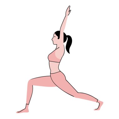 Savaşçı İki yoga pozunu zarifçe uygulayan bir kadının silueti. fitness blogları, web siteleri veya sağlık ve sağlık yayınları için mükemmel basit, zarif bir sanat çizgisi çizimi. Pembe aksanlar modern dişiliğin bir dokunuşunu ekler. Temsil etmek için ideal