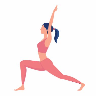 Savaşçı Bir yoga pozu veren bir kadının silueti. Fitness siteleri, yoga stüdyoları, sağlık ve sağlık blogları ya da sağlıklı aktif bir yaşam tarzına ihtiyaç duyan her proje için mükemmel bir vektör çizimi. Pembe ve mavi renk şeması. Harika.