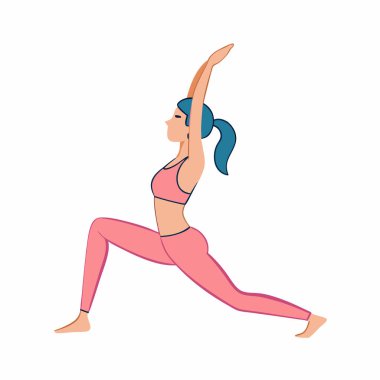 Mavi saçlı, pembe elbiseli, Savaşçı 2 yoga pozu veren bir kadının yan görünüş çizimi. Sağlıklı bir yaşam tarzı ve spor konsepti güç, denge ve esneklik gösteriyor. Web siteleri, bloglar ve fitness tanıtımı için ideal