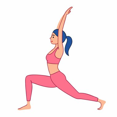 Mavi saçlı, pembe elbiseli, savaşçı iki yoga pozu veren bir kadının canlı vektör çizimi. Fitness blogları, web siteleri ya da eğlence, modern ve enerjik bir imaja ihtiyaç duyan sağlık ve refah içeriği için mükemmel. S 'yi temsil etmek için ideal