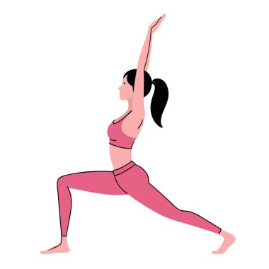 Pembe aktif giysili sağlıklı ve atletik genç bir kadın Warrior İki yoga pozunu sergiliyor. Güç, denge ve esneklik sergiliyor. Fitness, refah ve sağlıklı yaşam tarzı temaları için mükemmel. Web siteleri, bloglar ve sosyal medya için ideal