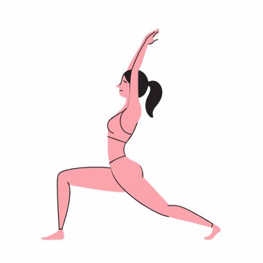 Savaşçı İki yoga pozundaki bir kadını gösteren minimalist bir illüstrasyon. Tasarım, gücü, dengeyi ve farkındalığı vurgulayan pembe, siyah ve beyaz basit bir silueti içerir. Fitness, sağlık ve yogayla ilgili projeler için idealdir.