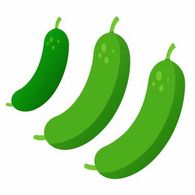 Değişen boyutlarda üç canlı yeşil salatalık, beyaz bir arka planda izole edilmiş. Sağlıklı beslenme, yaz tarifleri ya da taze ürünleri göstermek için mükemmel. Web siteleri, bloglar ve yemek kitapları için basit, karikatür tarzı bir grafik ideali.